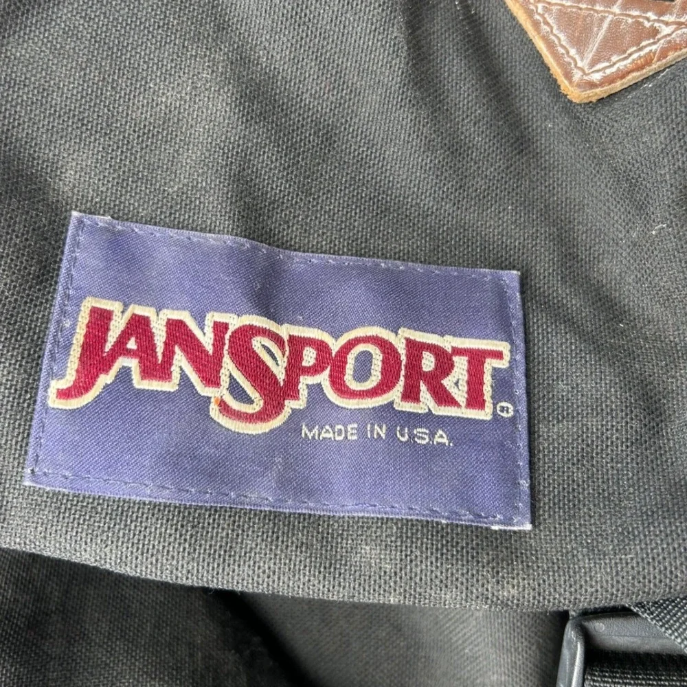 Vintage JanSport Made in USA Black Canvas Rucksack Backpack Leather Lash Tabs